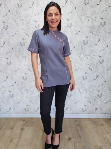 Nancy Blouse Grey/Pink (BL3049)with piping detail down front