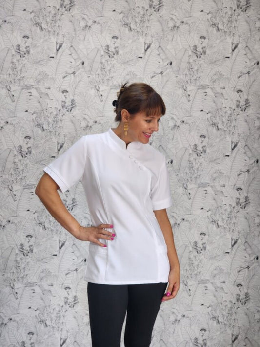 Nancy Blouse White/White (BL3049)with piping down front