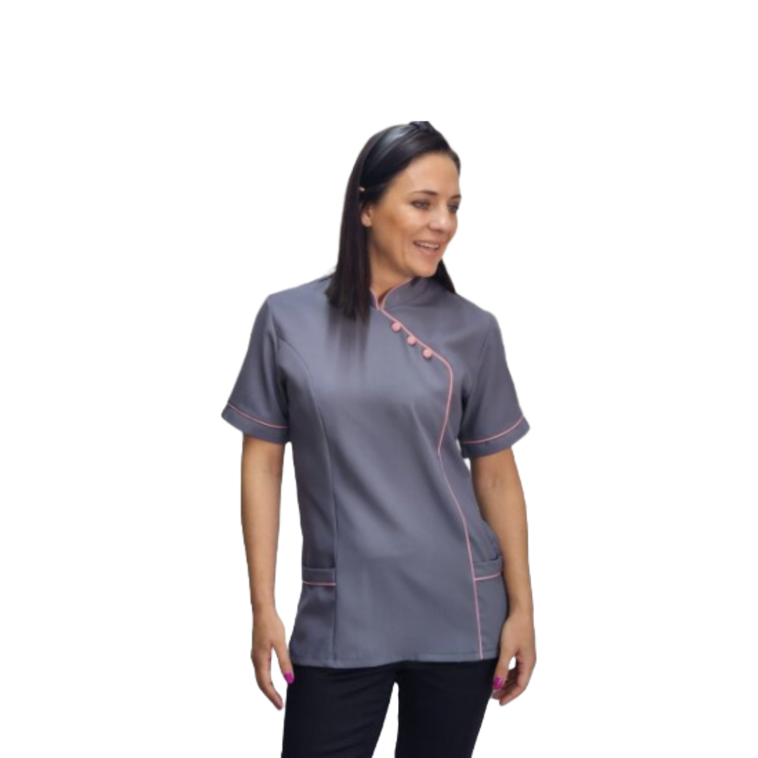 Nancy Blouse Grey/Pink (BL3049)with piping detail down front