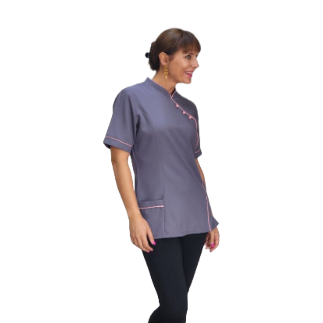 Nancy Blouse Grey/Pink (BL3049)with piping detail down front