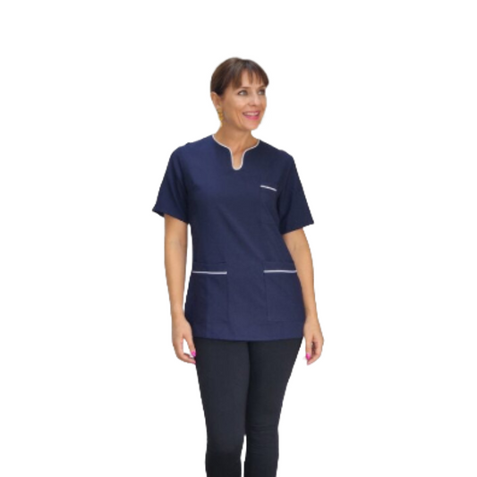 Nelia SS V-Neck Tunic with pockets Navy/White (N105BM)