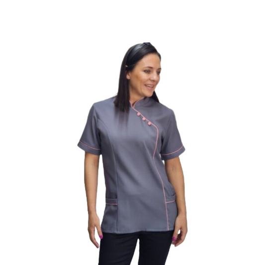 Nancy Blouse Grey/Pink (BL3049)with piping detail down front