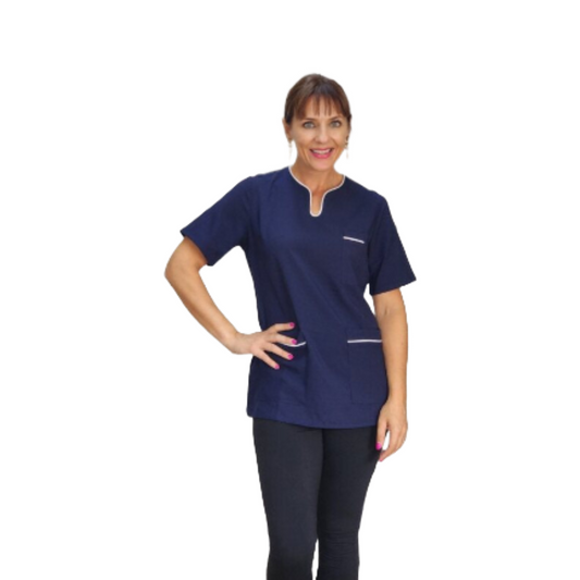 Nelia SS V-Neck Tunic with pockets Navy/White (N105BM)