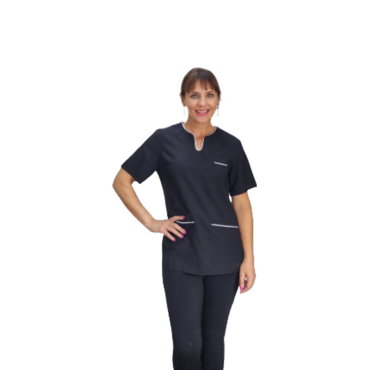 Nelia SS V-Neck Tunic with pockets Black/White (N105BM)